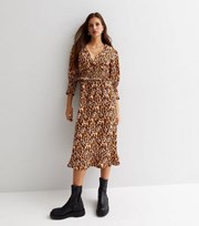 Influence Brown Leopard Print V Neck Shirred Waist Midi Dress